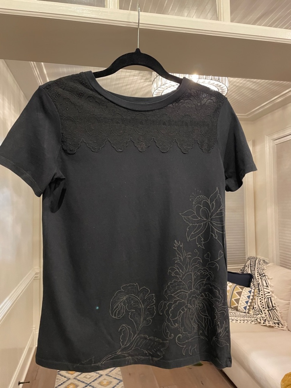 Desigual Black Lace-Yoke Floral Outline Short Sleeve Tee